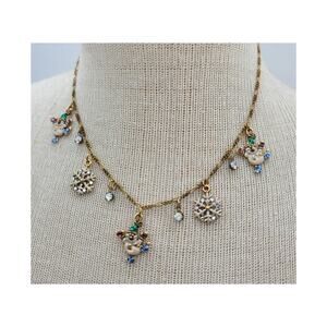 Vintage Anne Koplik Snowman & Snowflake Charm Necklace Antique Gold Tone Chain